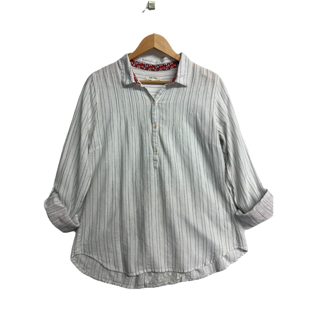 Isabella Sinclair Women's Shirt M Linen Blend Stripe Lace Back Coastal Top